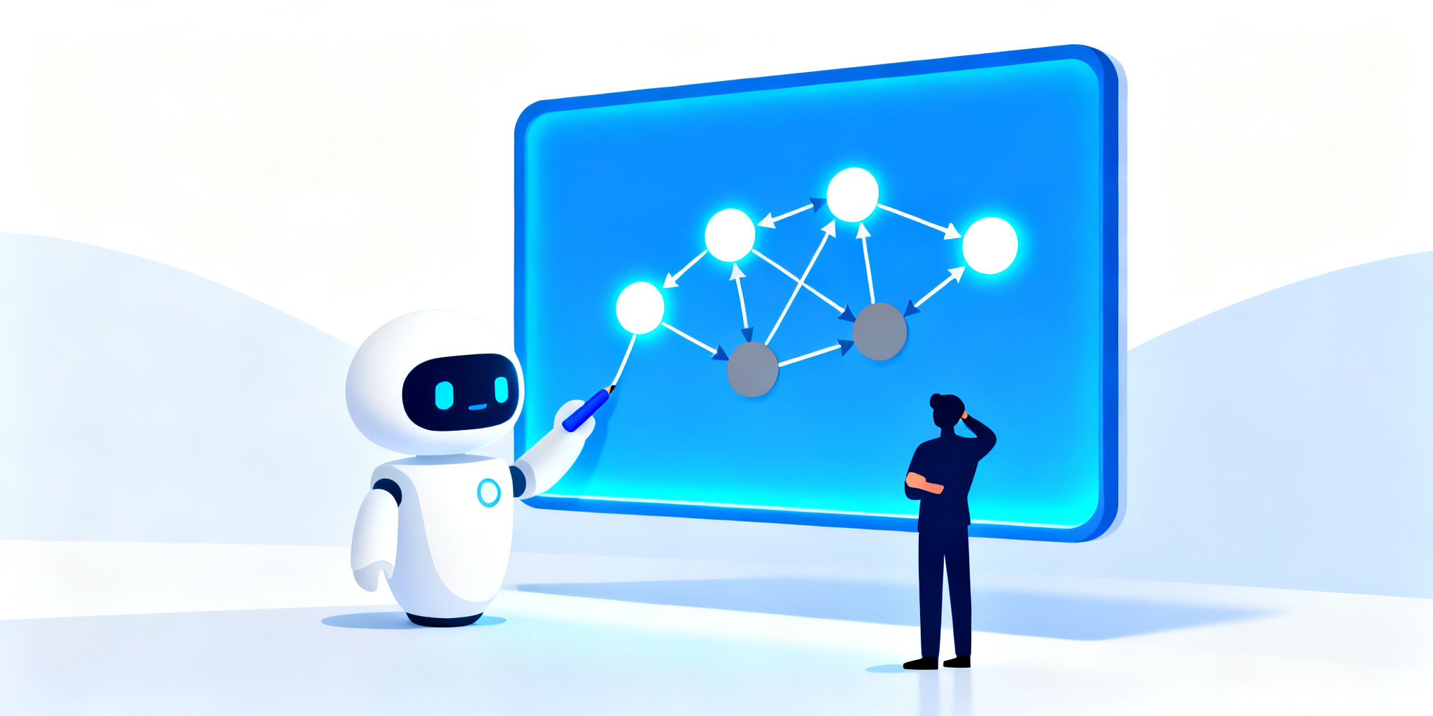 AI 在任务图白板前规划:机器人用画笔连接节点,人类在旁审视